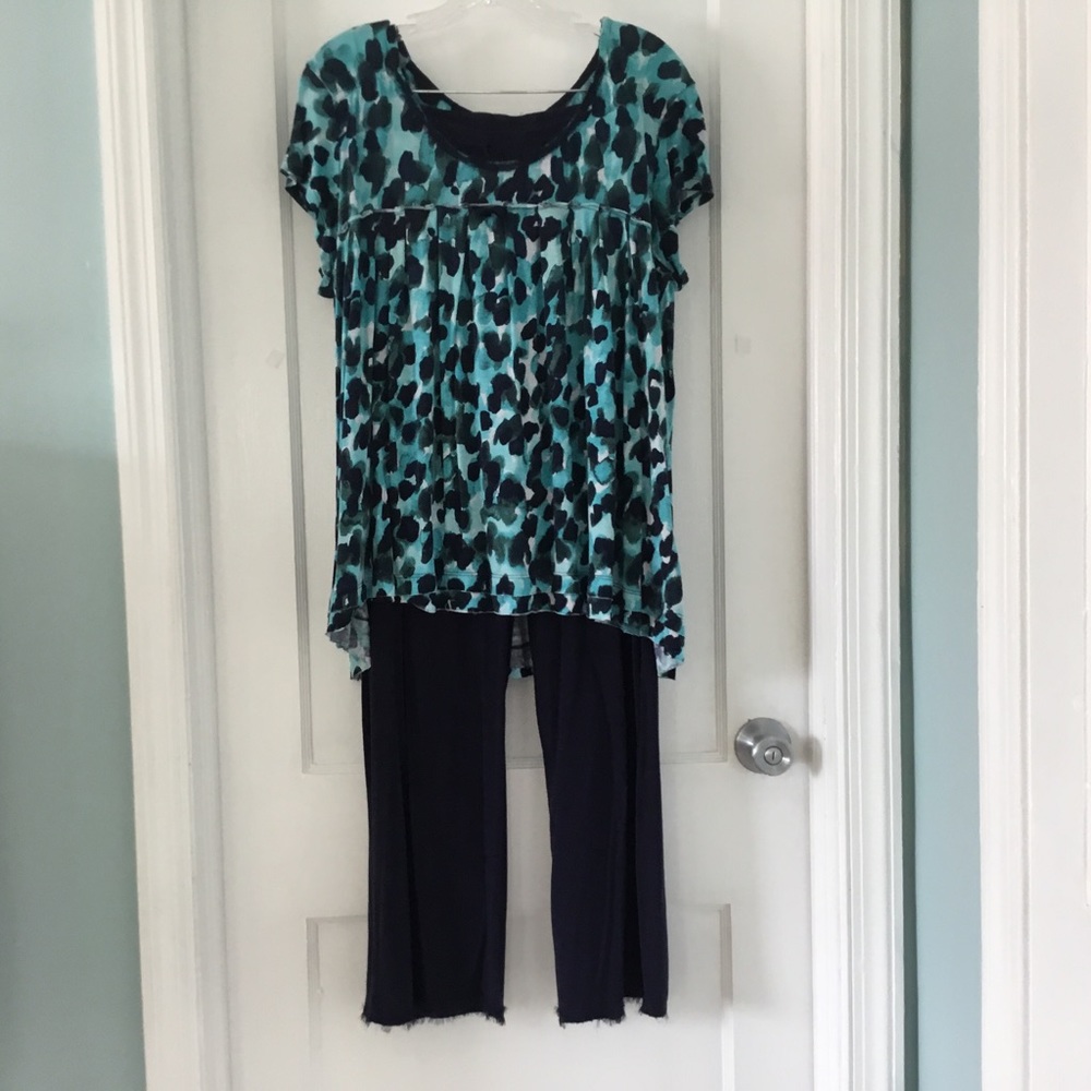 Simply Vera Wang 2 Piece Pajamas, Navy & LtBlue, Short Sleeve, Long Bottom, Sz L